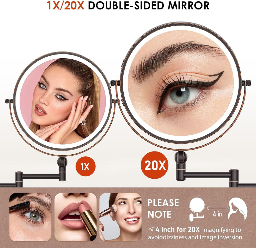 9" Wall Mounted Lighted Makeup Mirror,4000mAh Rechargeable Double Sided ...