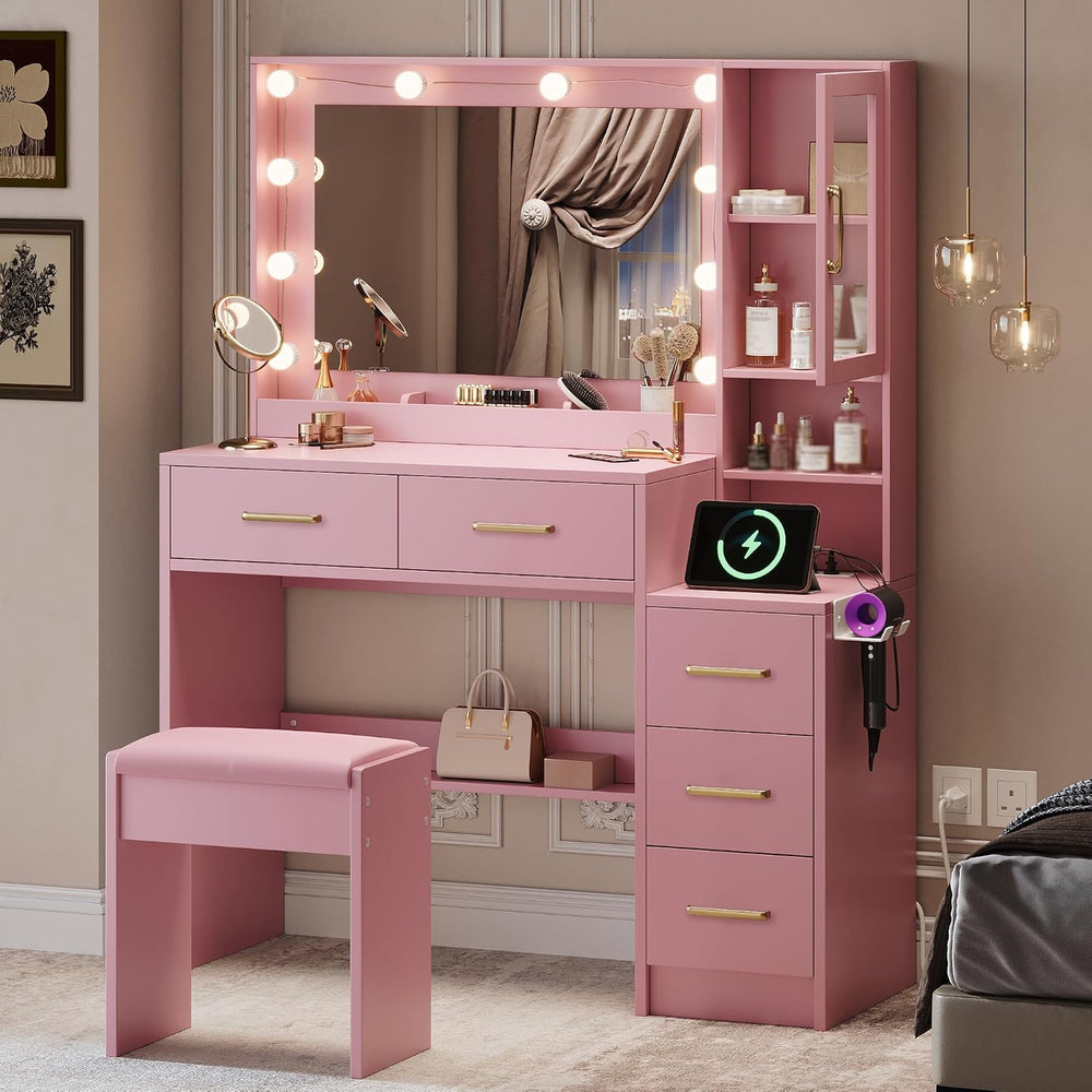 Makeup Vanity with Lights & Charging Station, Pink Vanity Table with 5 Dr...