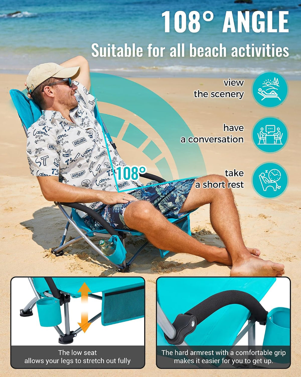 KingCamp Low Beach Chairs 2 Pack, Folding Portable Chair for Adults lightweig...