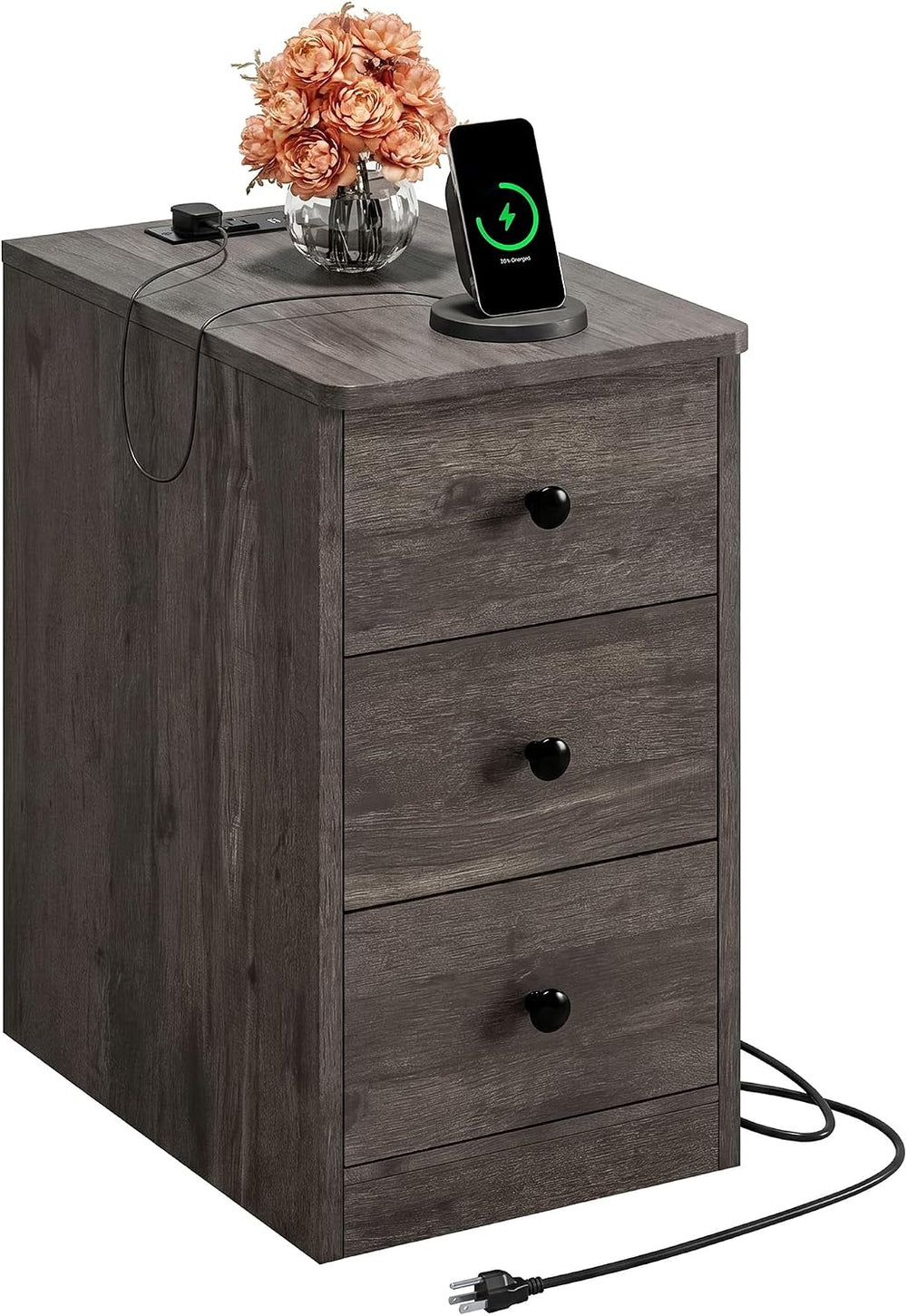 LIKIMIO Nightstand with Charging Station, 3 Drawers Modern for Bedroom