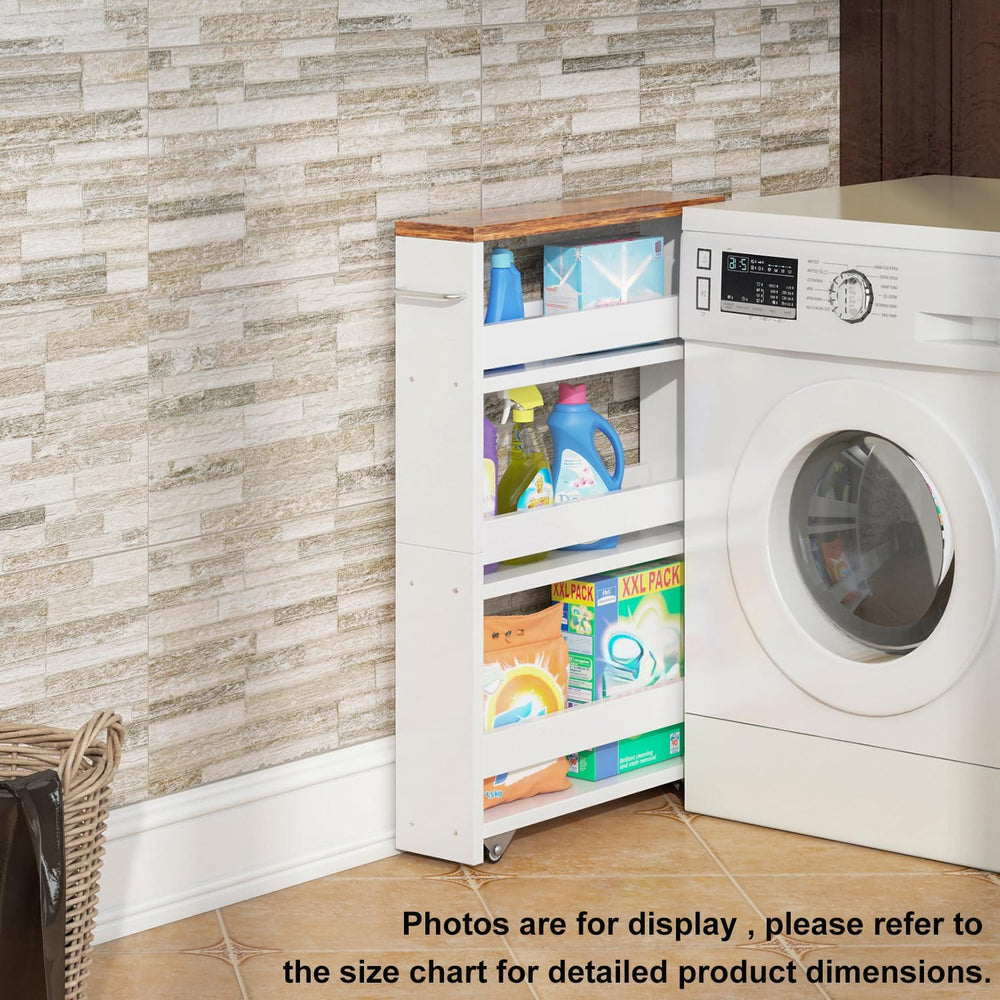 TEAMIX Slim Rolling Storage Cart, Wood 4-Tier Narrow Kitchen/Laundry Cart | 5...
