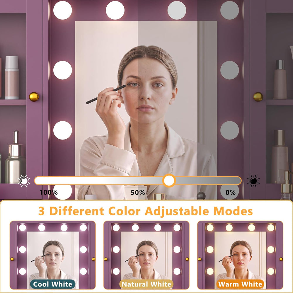 HUANLEGO Purple Vanity Desk with Mirror and Lights for Girls Women | Makeup V...