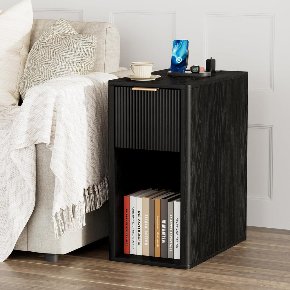 Homleke Narrow End Table with Fluted Drawer and Charging Station, Small Night...