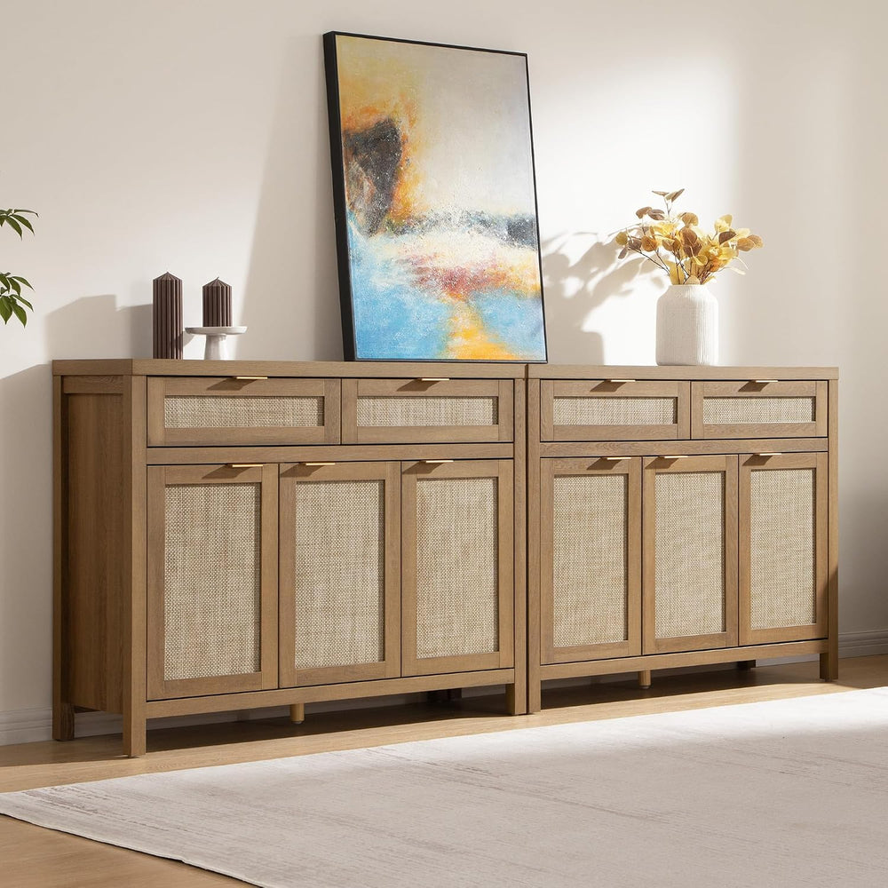 SICOTAS Rattan Sideboard Buffet Cabinet with Storage, Boho Credenza Accent
