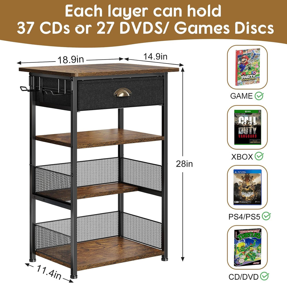 Hongtamoya 4-Tier AV Media Stand with Drawer, Gaming Console Shelf | Audio Ra...