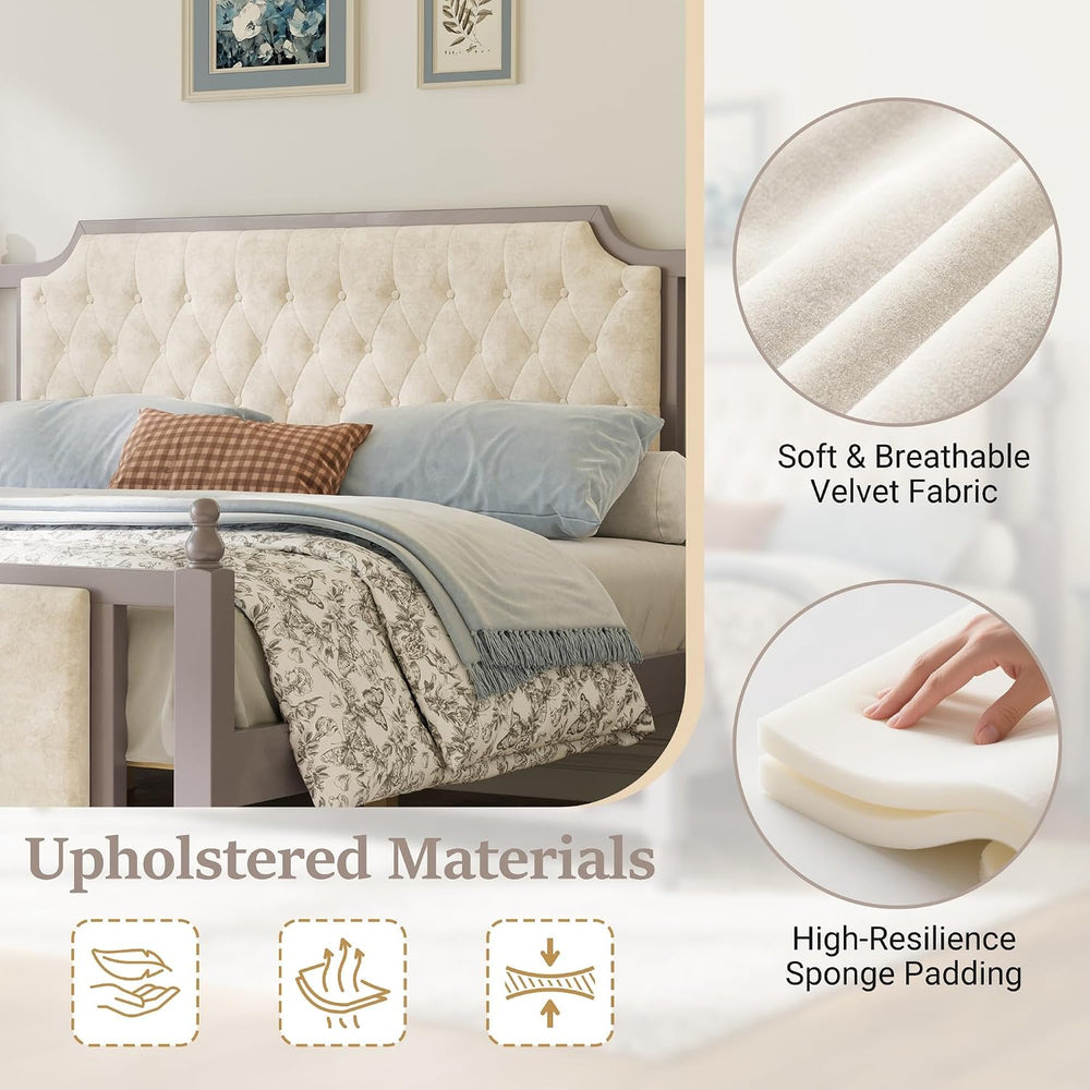 Peanu King Size Upholstered Platform Bed, Tufted Velvet Headboard, Solid Wood...