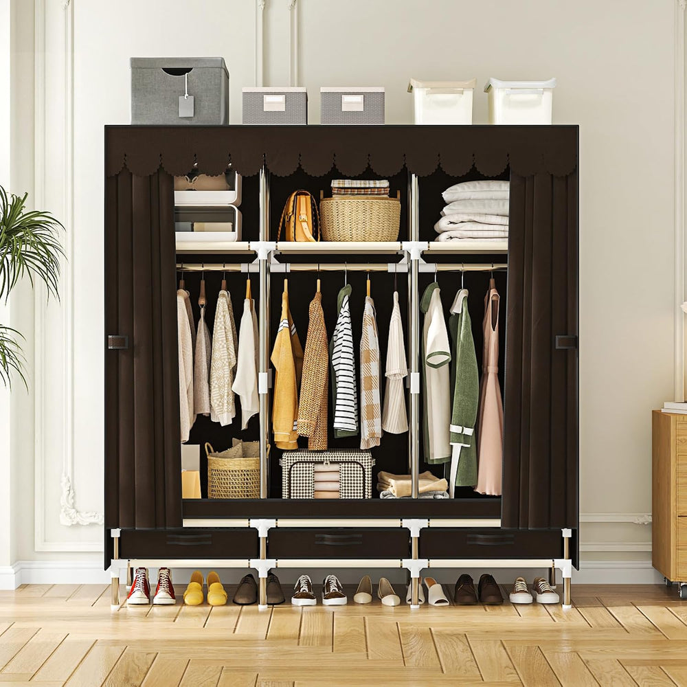 Portable Wardrobe 3 Rods 3 Drawers 3 Compartments Non-Woven Fabric Metal Fram...
