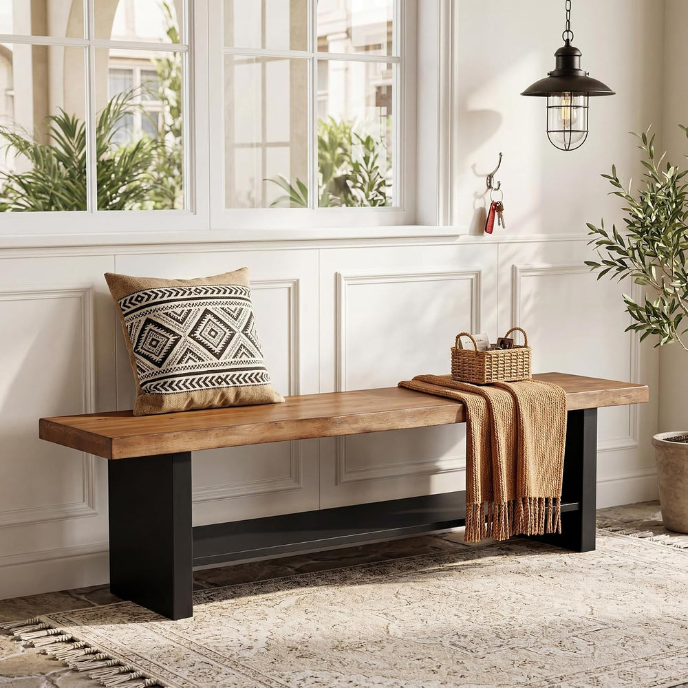 55" Solid Wood Bench with Shoe Storage, 2-Tier Farmhouse Entryway Bench,...