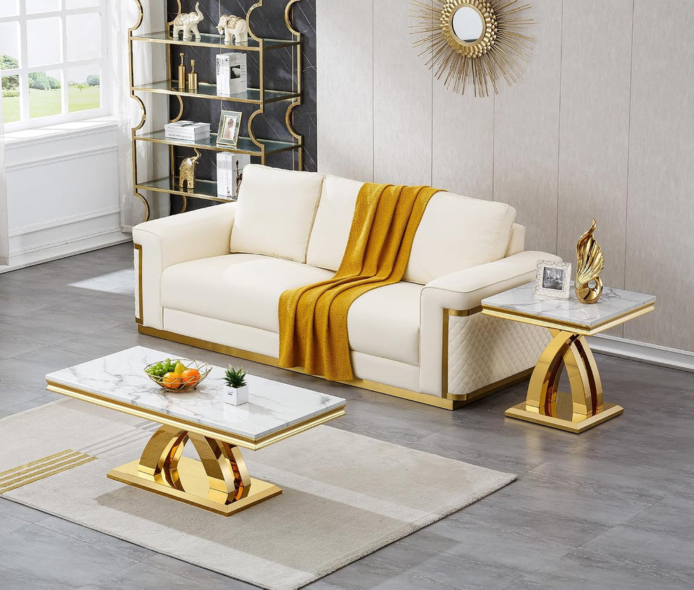 White Marble Coffee Table Set of 3, Modern Coffee Table and 2 Marble End Tabl...