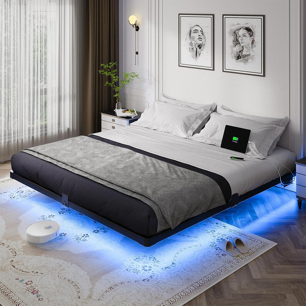 OLEVS King Size Floating Bed Frame Metal with LED Light & Charging Station