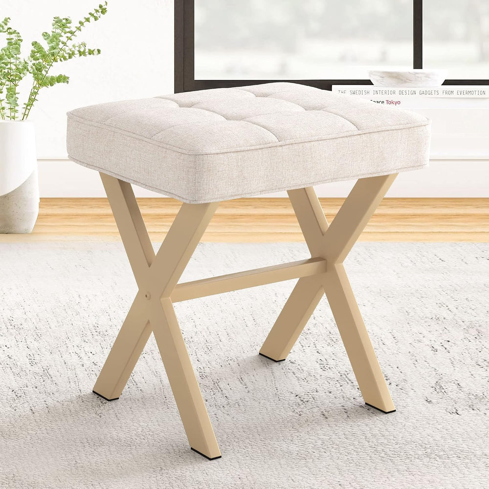 LUE BONA Square Linen Makeup Stool, Metal X Legs, Small Ottoman Stool Chair f...