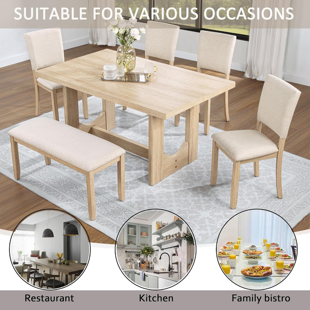 Merax Farmhouse Rectangular Dining Table with U-Shaped Base, 4 Upholstered Ch...