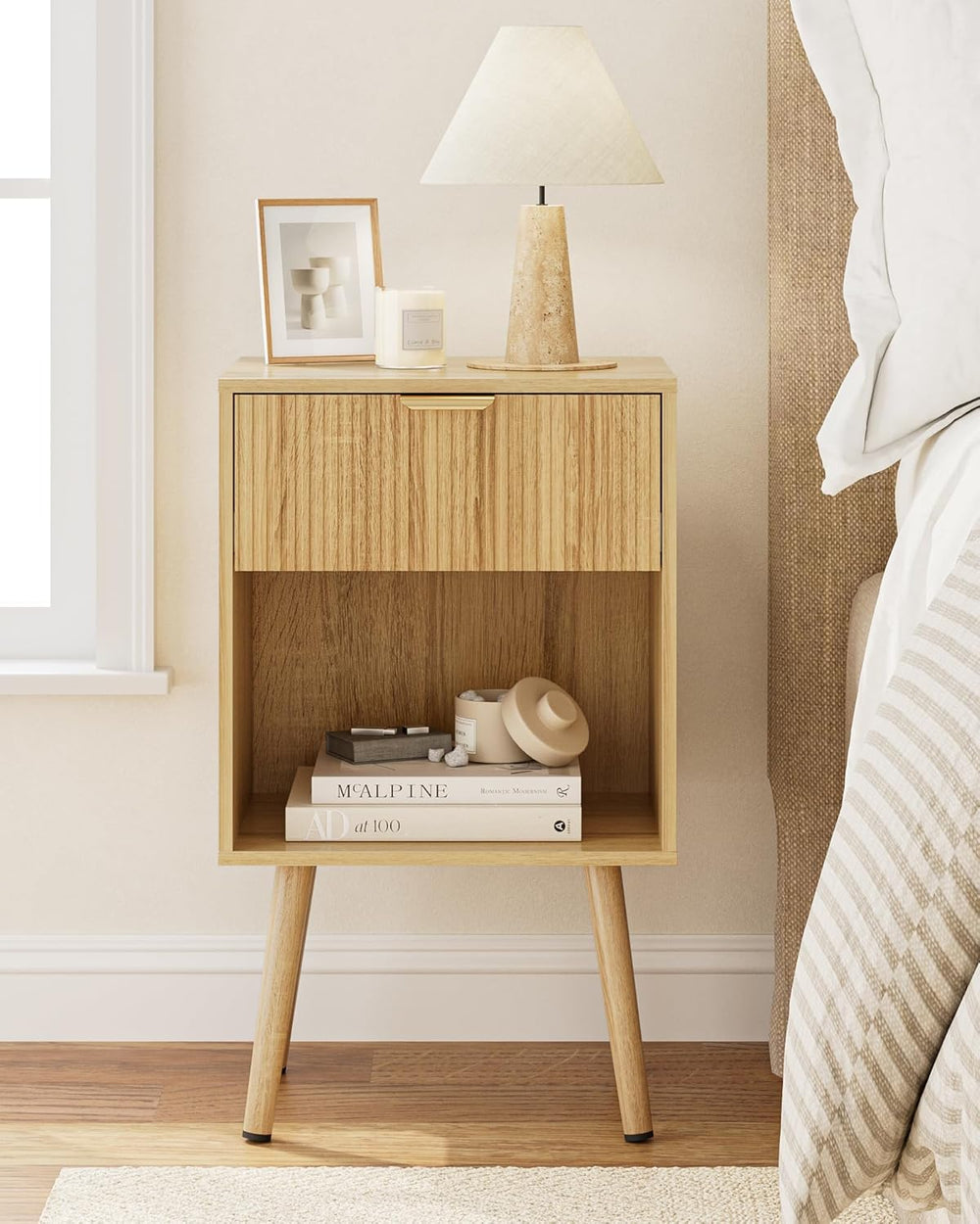 Oak Fluted Nightstand, Modern Bedside Table with Storage Drawer, Wood Night S...