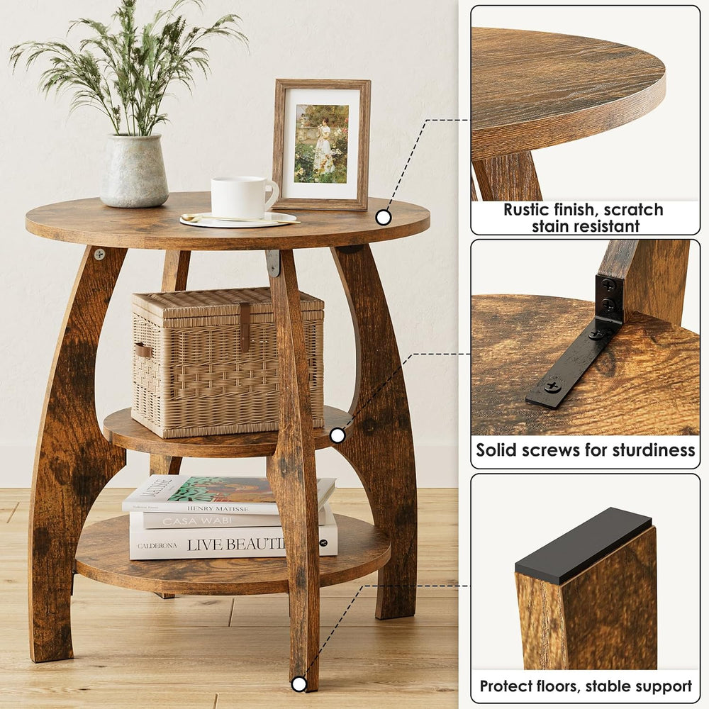 Masupu Round Side Table, 3-Tier Wood End Table, 19.7 inch Accent Table, Mid C...