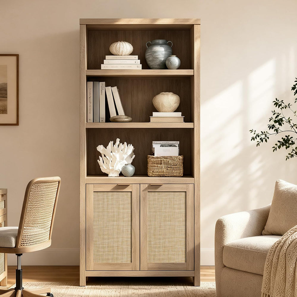 SICOTAS 71" Tall Bookcase 5 Tier Rattan Bookshelf with Doors for Library