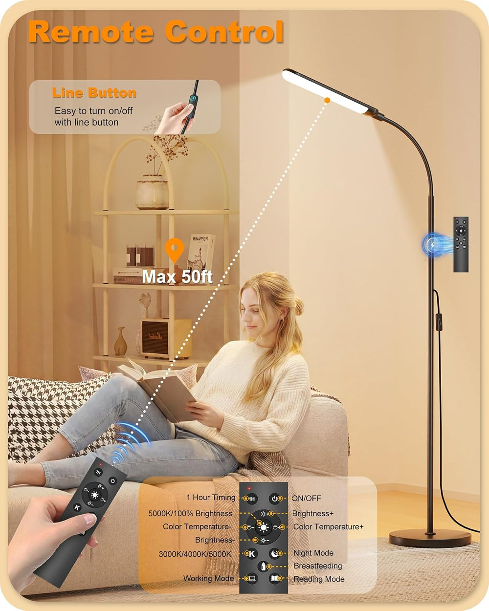 mukuxin LED Floor Lamp, 18W/1800lm Bright Reading Floor Lamp with Remote, Ste...