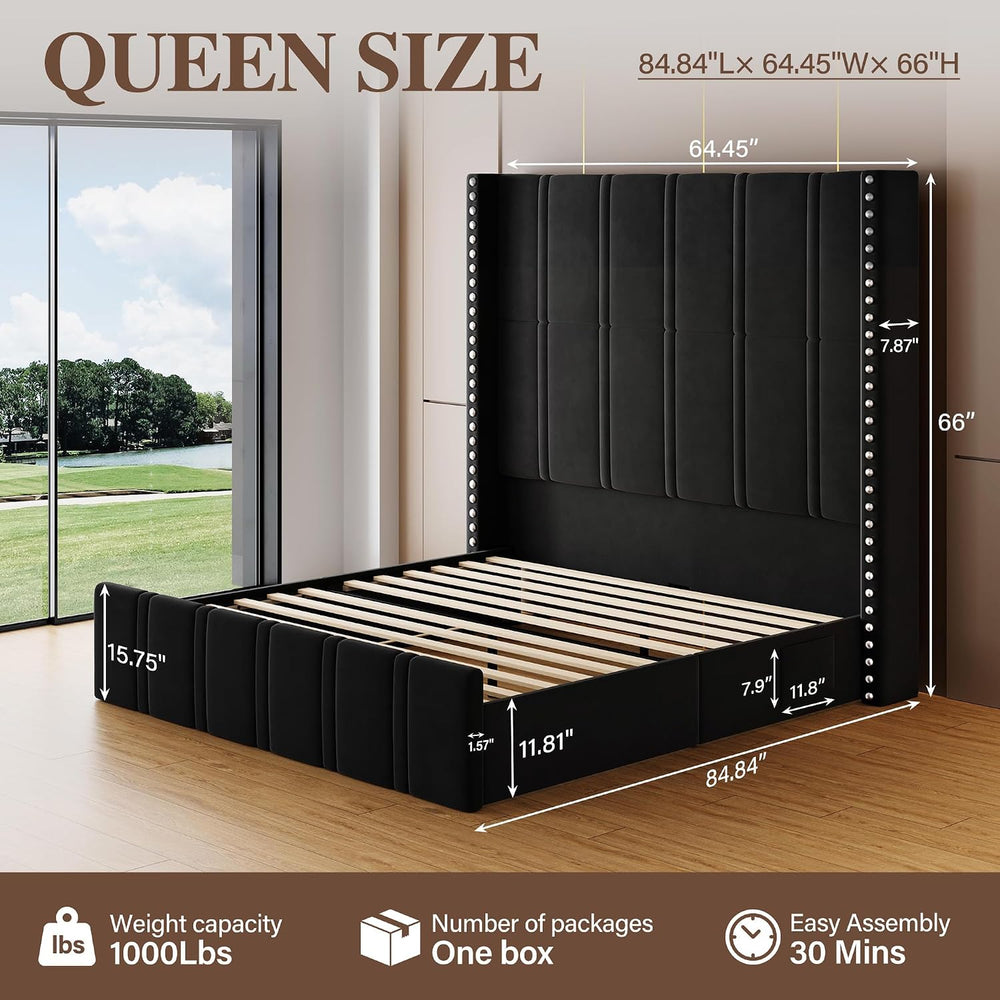 Queen Bed Frame with 65.75" Tall Headboard, Black