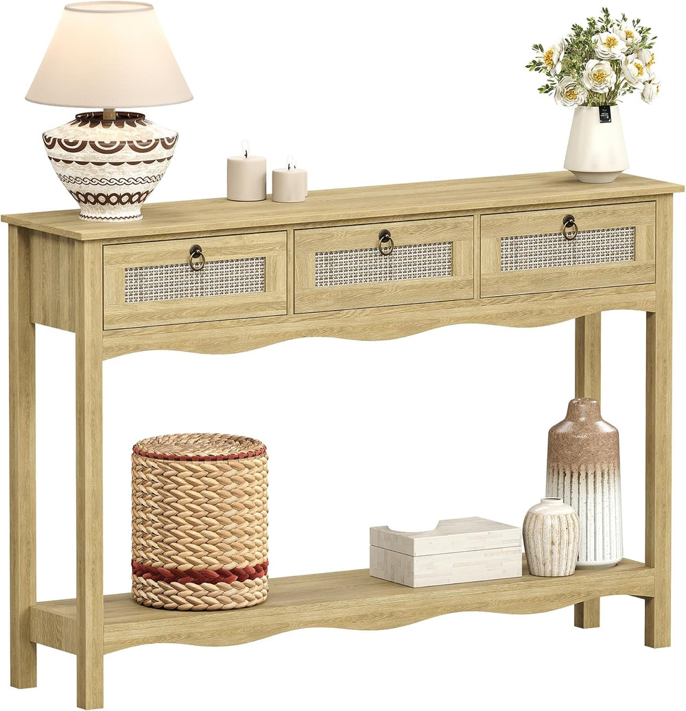 LAZZO 47.3" Rattan Console Table with Wavy-Edge, Narrow Long Sofa Table ...