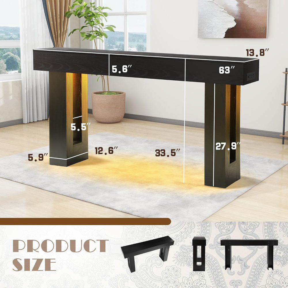 63" Extra-Long Modern Console Table with Charging Station, RGB LED Light...
