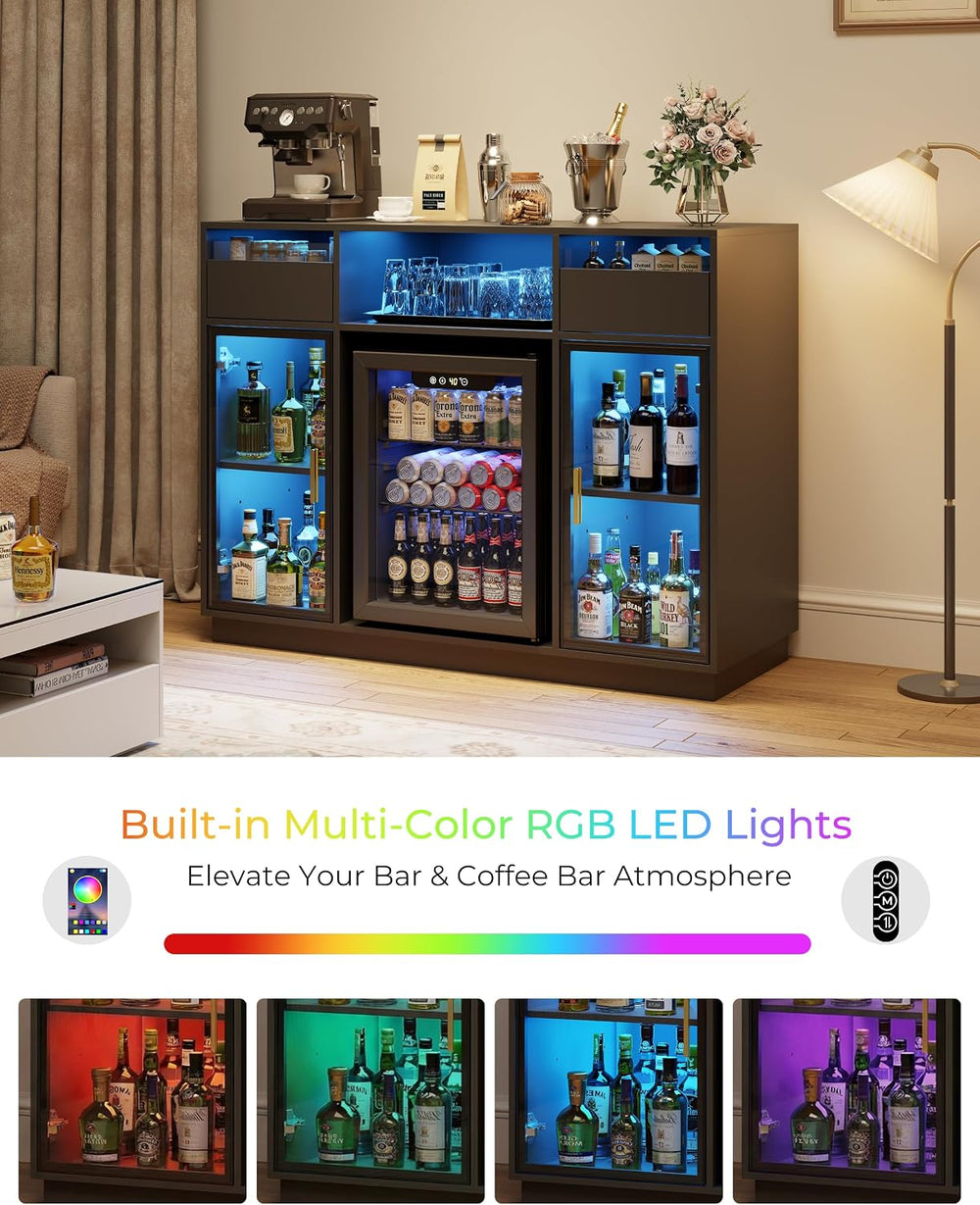 47" Large Coffee Bar Cabinet with Mini Fridge Space & LED Lights