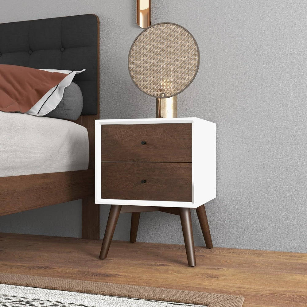 Mid Century Modern Style 2-Drawer White Night Stand Solid Wood 23.6" H,f...