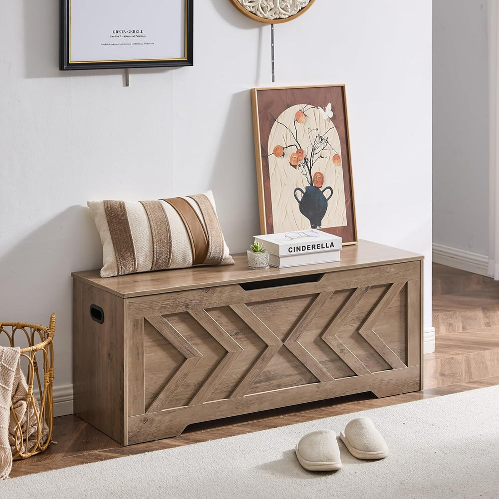 47.2” Storage Bench,Extra Large Wooden Storage Chest with 2 Safety Hinges,ent...