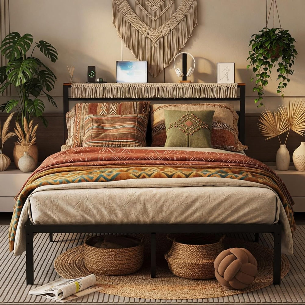 60.4"x84.7" Contemporary Queen Bed Frame, Upholstered Headboard, Bu...