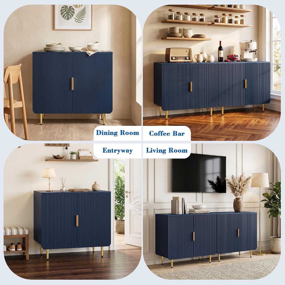 WelFurGeer Blue Fluted 2-Door Buffet Cabinet, Modern Coffee Bar & Sideboard