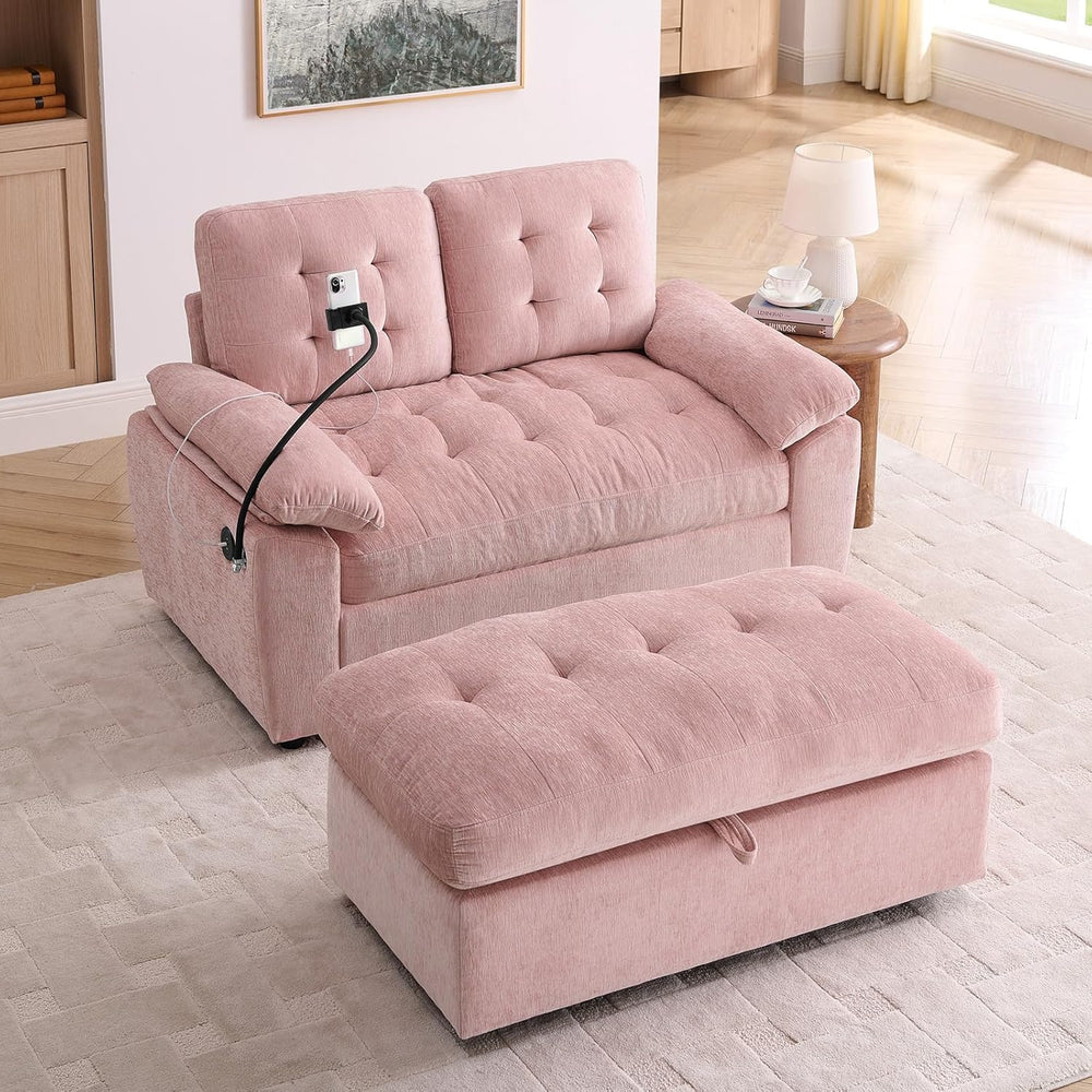 Chaise Lounge Chair Indoor with Storage Ottoman, Comfy Chenille Tufted Lovese...