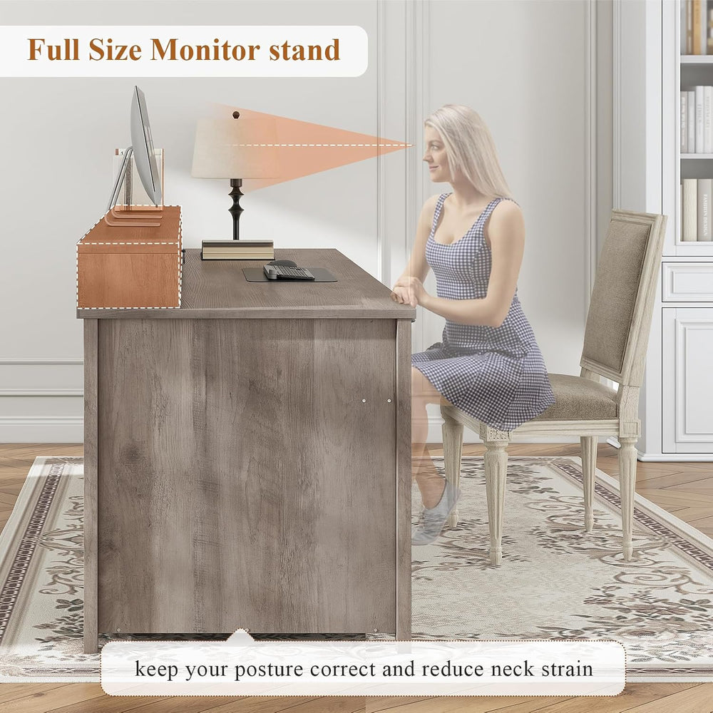 SEDETA 63" Farmhouse Executive Desk with Drawers and Storage Cabinet, Grey
