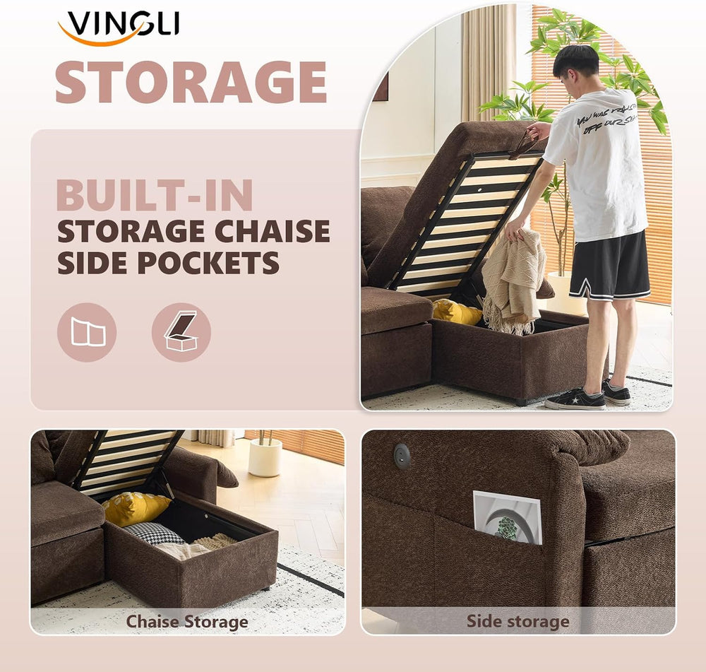 VINGLI Sectional Sleeper Sofa with Pull Out Couch Bed, 85 Inch L-Shaped Conve...