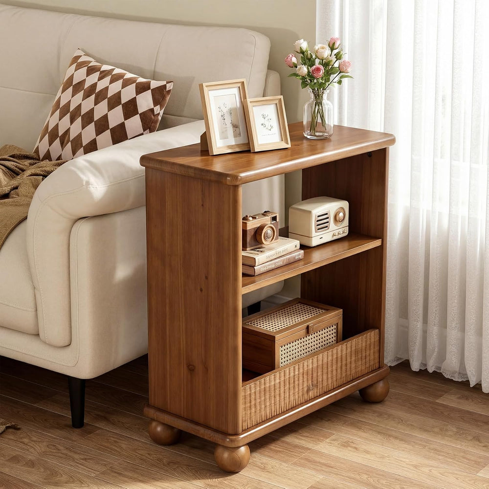 3-Tier Solid Wood End Table with Storage Shelf for Living Room | Farmhouse Ru...