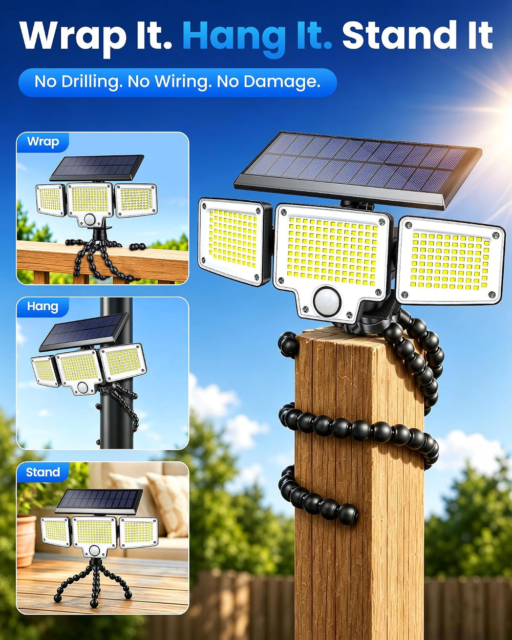 Solar Flood Lights with Motion Sensor,3000LM Octopus Tripod USB-C Remote