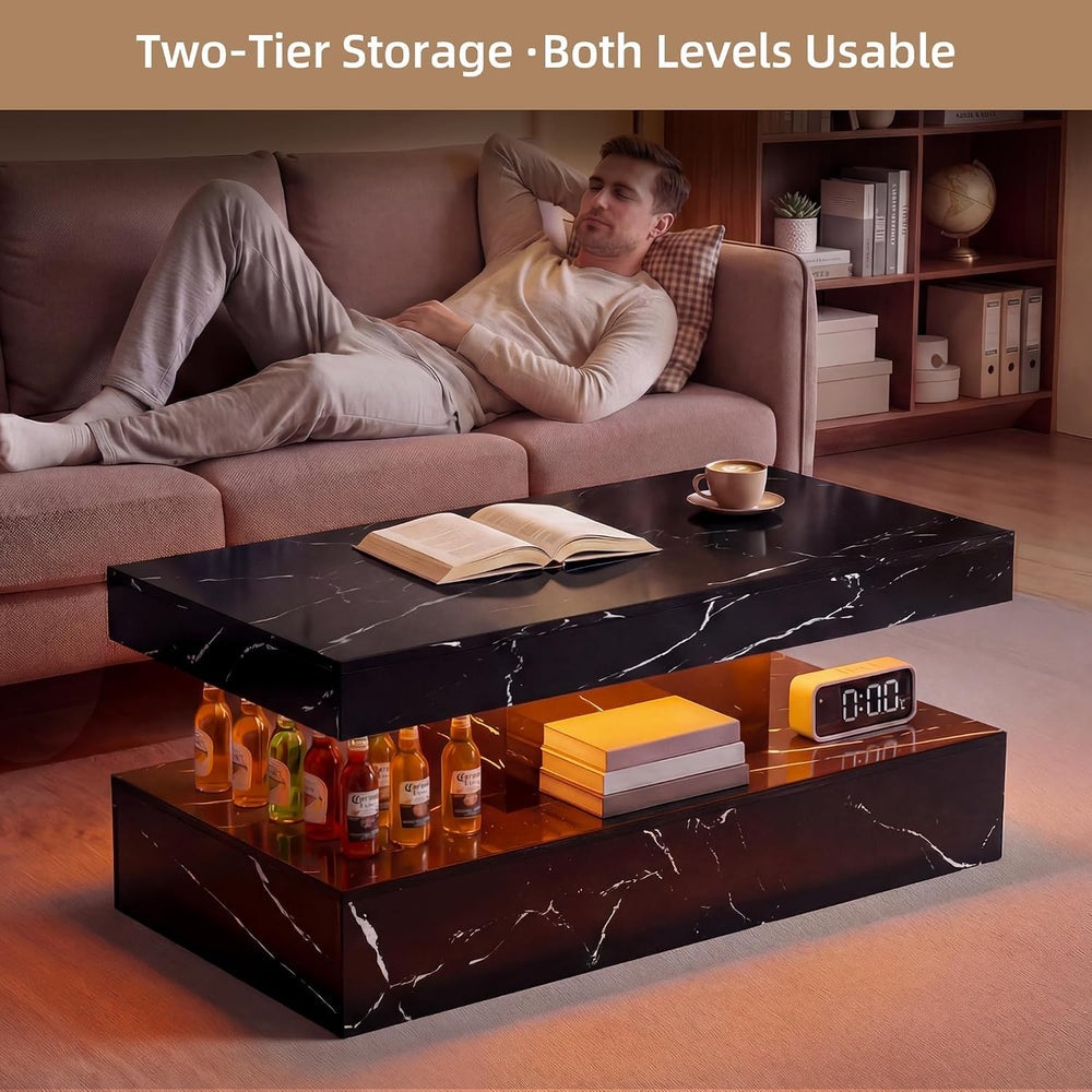 40" Modern Coffee Table with Storage Shelf, Faux Marble Fixed‑Top Center...