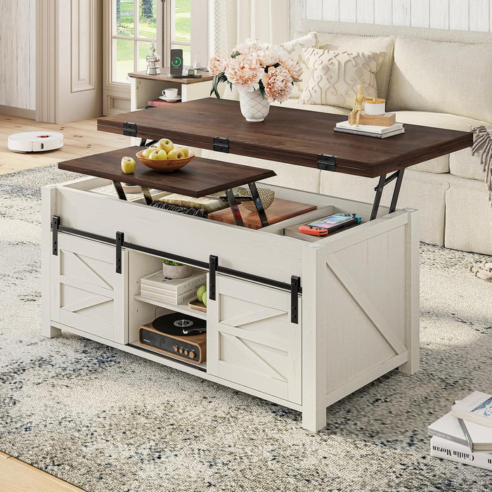 UPOSOJA Lift Top Coffee Table for Living Room with 4 Sliding Barn Doors, 4 in 1 Farmhouse Coffee Table with Adjustable Shelves and Hidden Storage Compartment, Converts to Dining Table (Brown White)