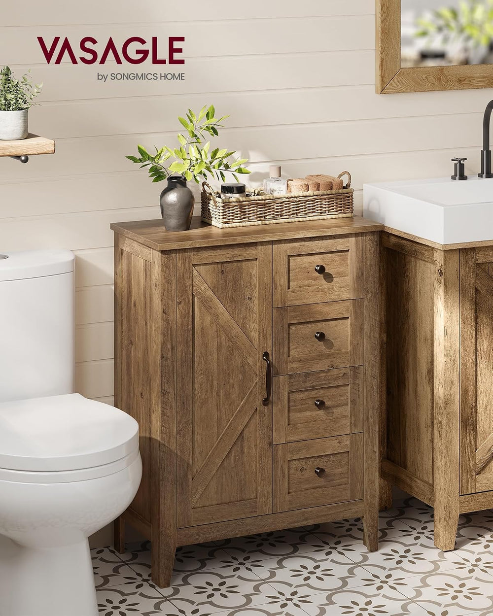 VASAGLE Farmhouse Storage Cabinet with Door, 4 Drawers, Adjustable Shelves