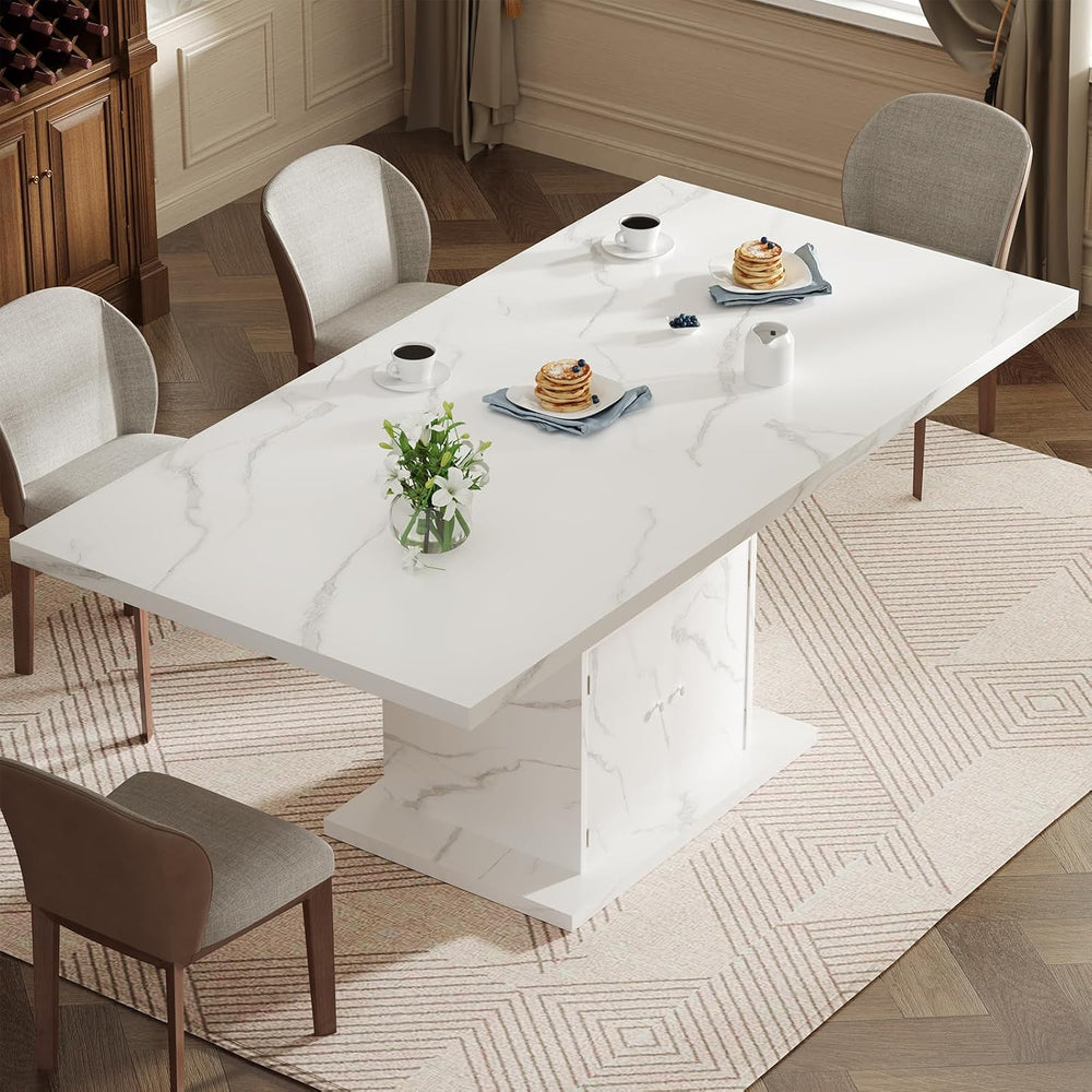 Extendable Dining Room Table for 4-6, 47-63 Inch Faux Marble Extendable Dinin...