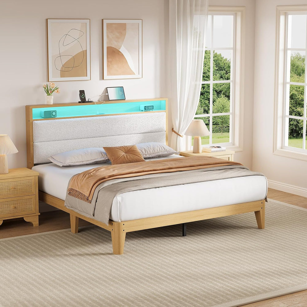 Patikuin LED Lighting & Storage Headboard Boucle Platform Bed Frame – Que...