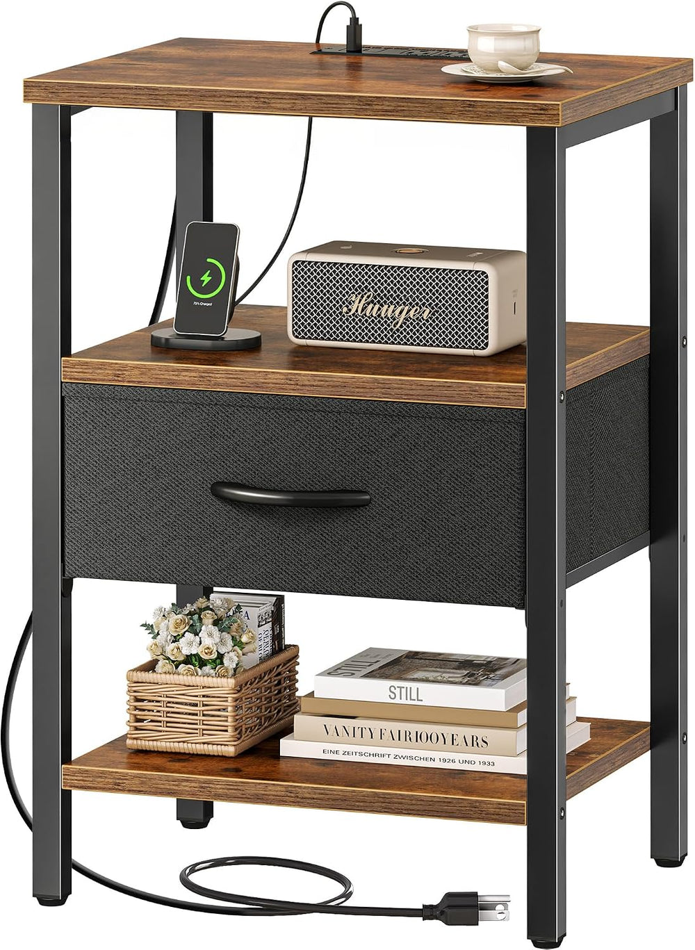 SUPERJARE Nightstand with Charging Station, Bed Side Table with Adjustable Fa...