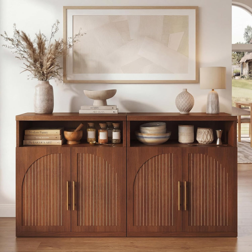 Fluted Buffet Cabinet with Storage, 31.5" Wide Wood Sideboard Credenza w...