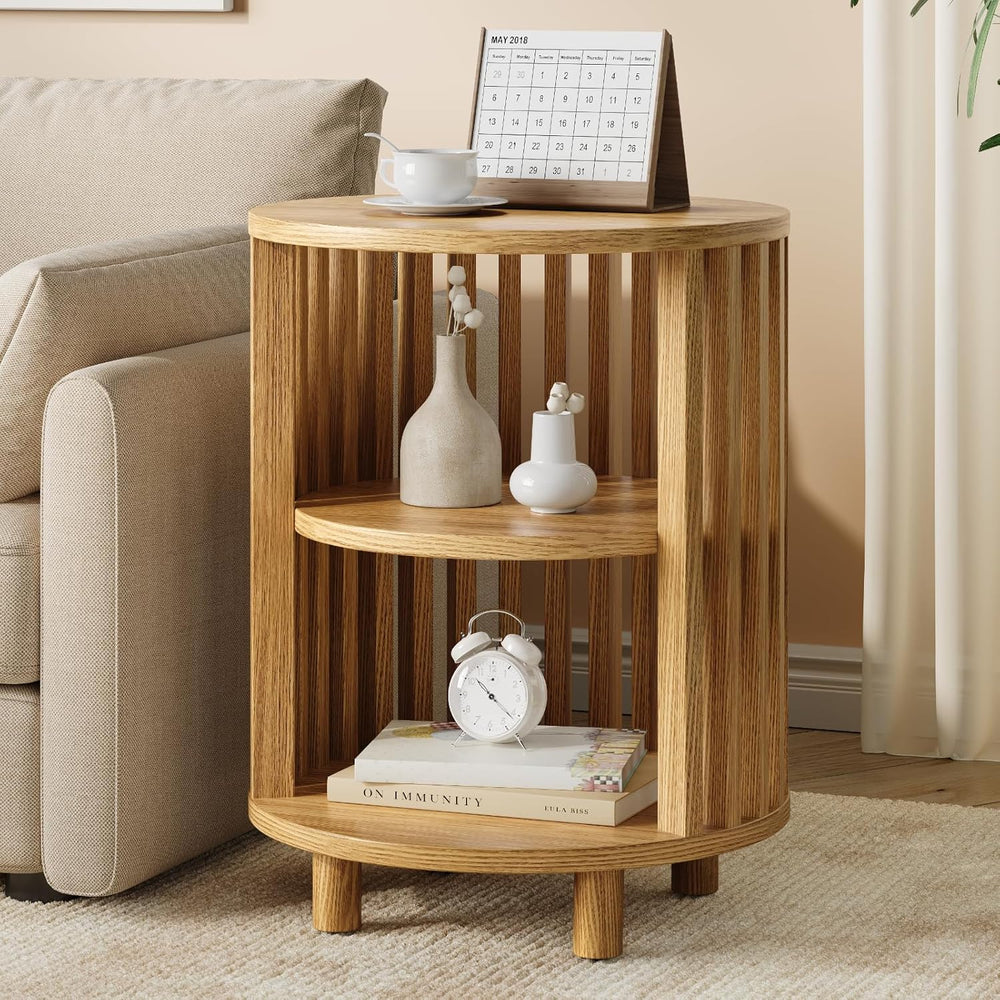 Round End Table, Wood Bedside Table, Mid Century Modern Nightstand with Open ...