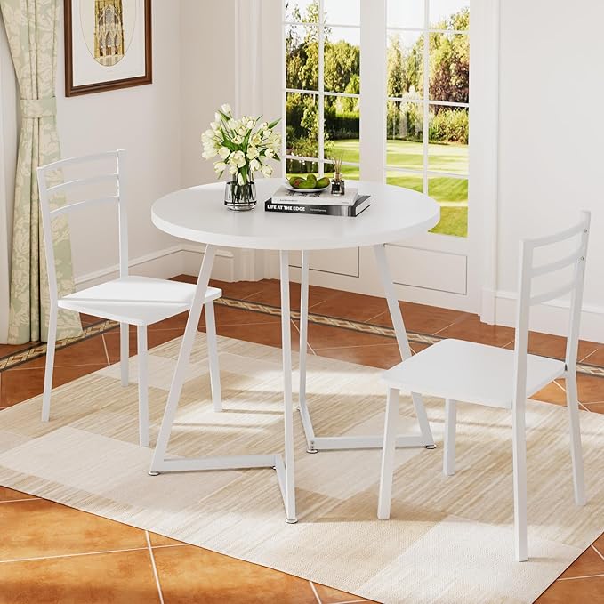 VECELO Small Round Dining Table Set for 2, Wood Tabletop with Strong Metal Fr...
