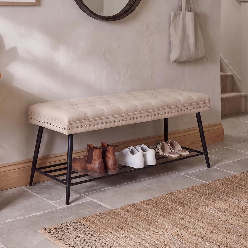 Mistpople Thick Cushioned Shoe Bench, Entryway Bench with Metal Shoe Rack, Up...