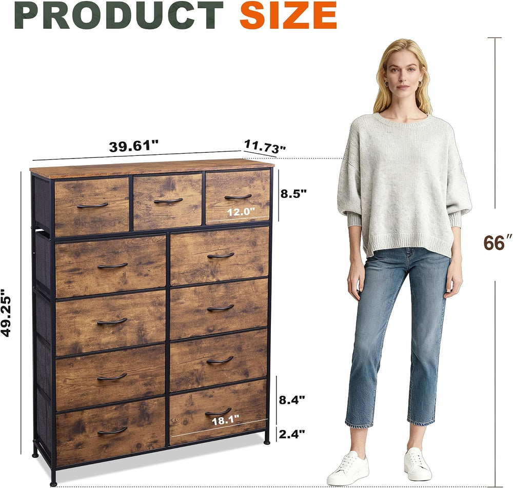 Tall Console Table with 11 Fabric Drawers, Rustic Brown | 11 Fabric Drawers, ...