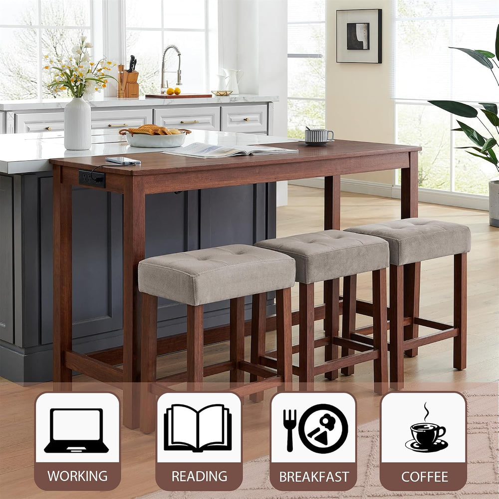 Merax 59 Inch Industrial Bar Table Set with Power Outlet & 3 Stools, Kitc...