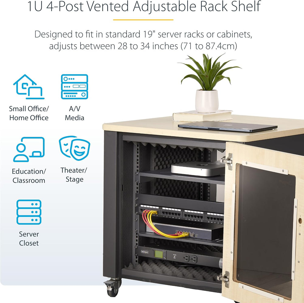 StarTech 1U 4-Post Vented Rack Shelf, 28-34.4in, 150lb (ADJSHELFV-Rack)