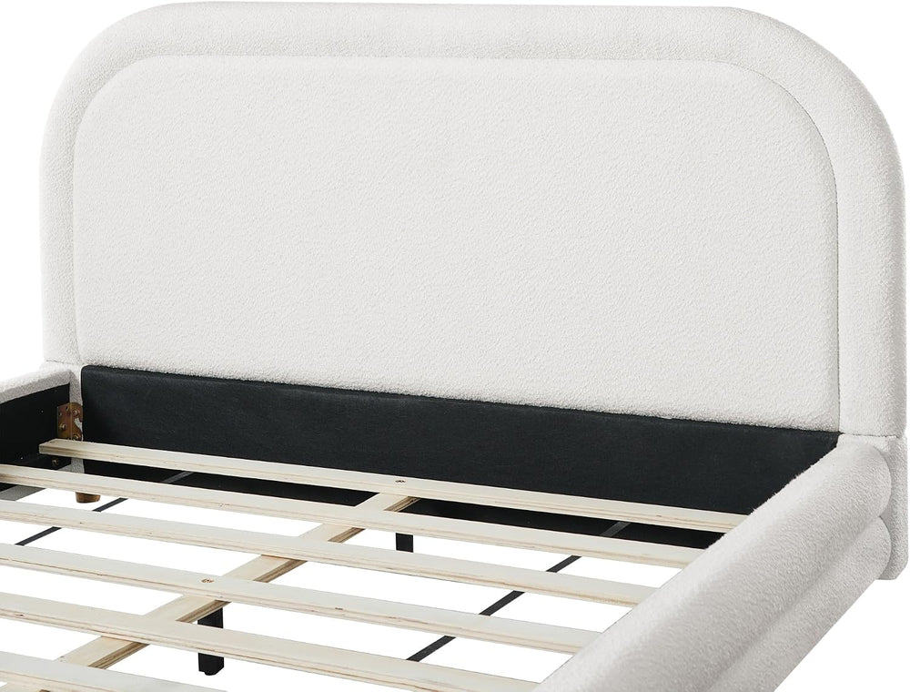 Peanu Queen Bed Frame, Boucle Upholstered Curved Headboard, White