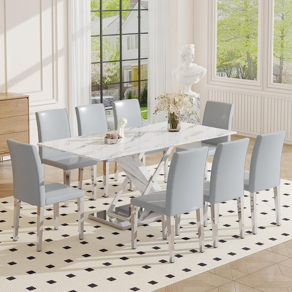 YUNDREAM Modern Marble Dining Table Set for 8,White Sliver 71''Dining...