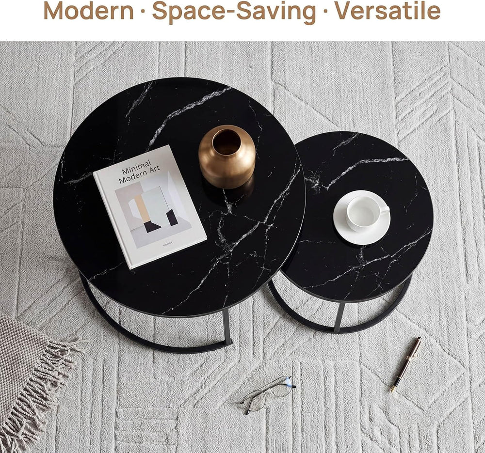 Nesting Coffee Table Set of 2, Round Nesting Tables with Marble-Look Top and ...