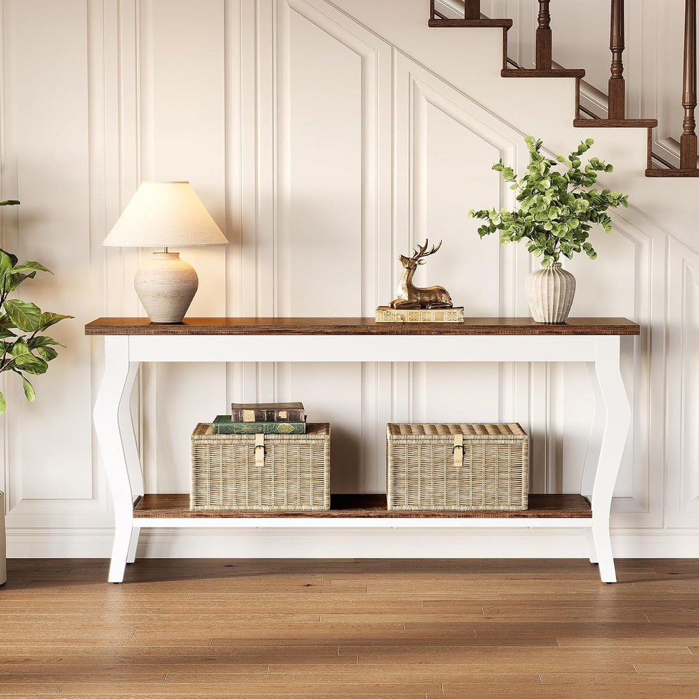 LITTLE TREE 70.9 Inches Long Console Table, 2-Tier Vintage Wooden Sofa Table ...